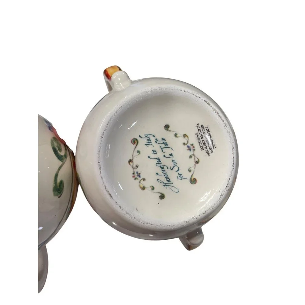 Sur La Table Italian Handmade floral ceramic bowl creamer sugar salt pepper set